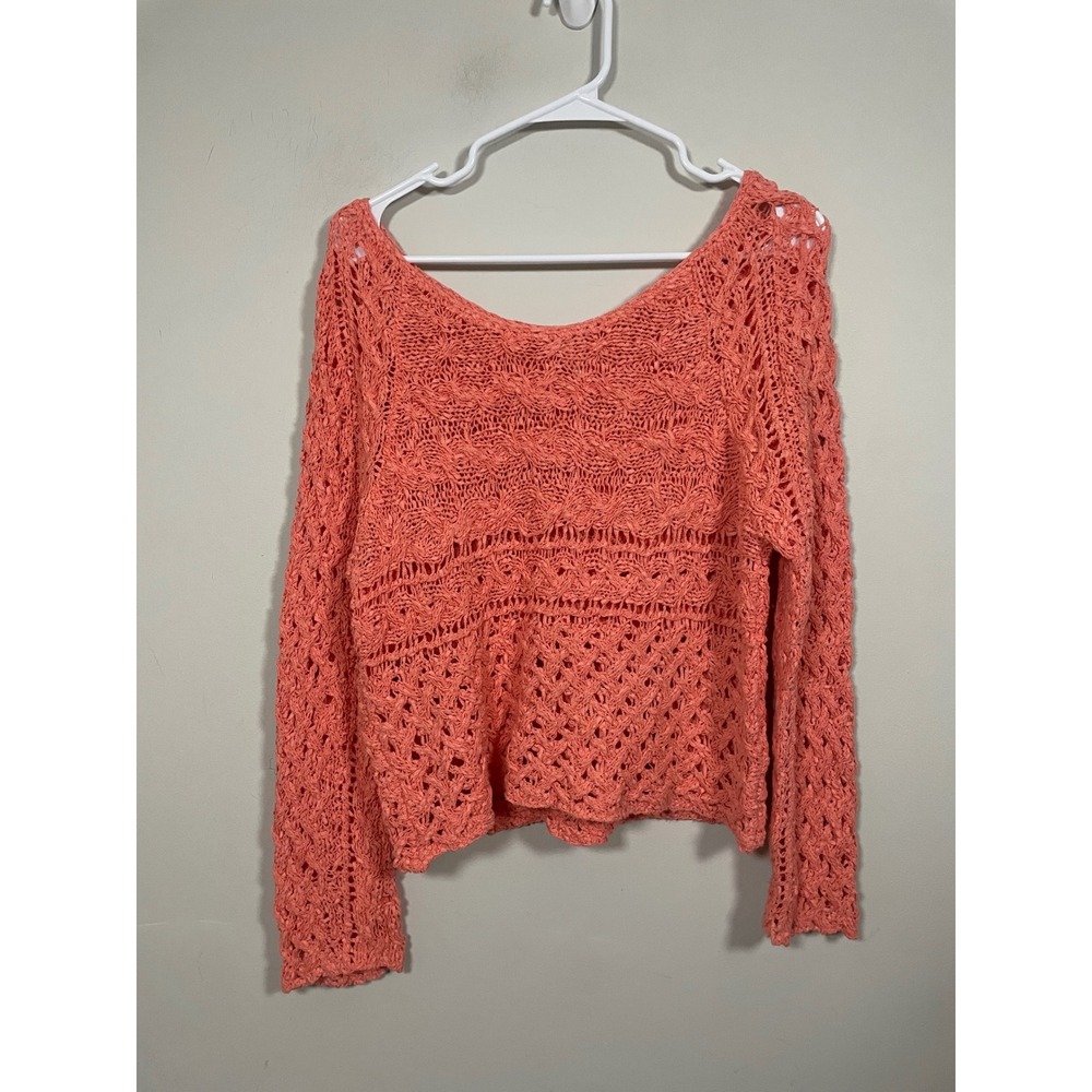 Free People Coral Open Crochet Scoop Pullover